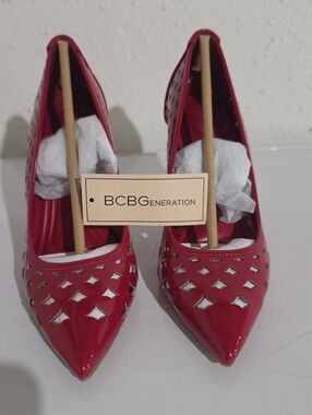 BCBGeneration Bissha-3 Lipstick Red Patent Pointed-Toe Cutout Pumps Sz. 6/36